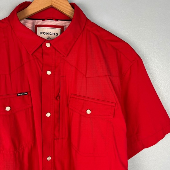 Poncho Men's XL Red Short Sleeve Western Snap Performance Vented Slim Fit Shirt